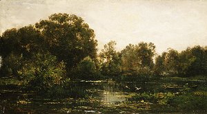 Charles-Francois Daubigny - A River Landscape with Storks 1864