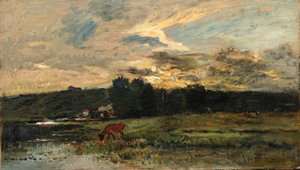 Landscape with Cow watering at a quiet Pool