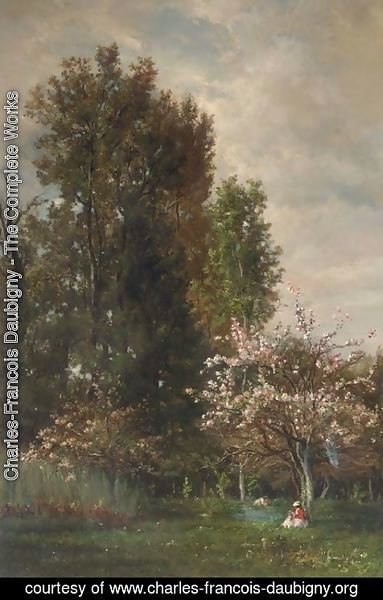 Charles-Francois Daubigny - A Figure seated beneath a Cherry Tree