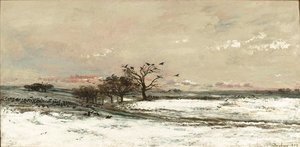 Charles-Francois Daubigny - Snowy Landscape at Sunset
