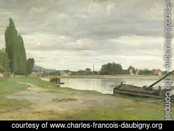 Charles-Francois Daubigny - River landscape with barge moored