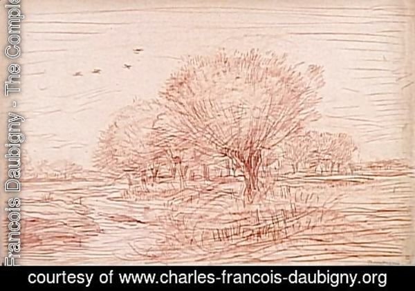 Charles-Francois Daubigny - River Landscape Creek crossing a wooded meadow
