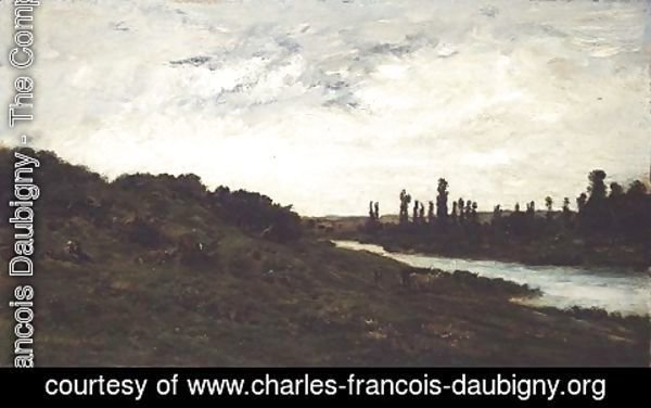 Charles-Francois Daubigny - Herdsmen and Cattle in a wooded river landscape