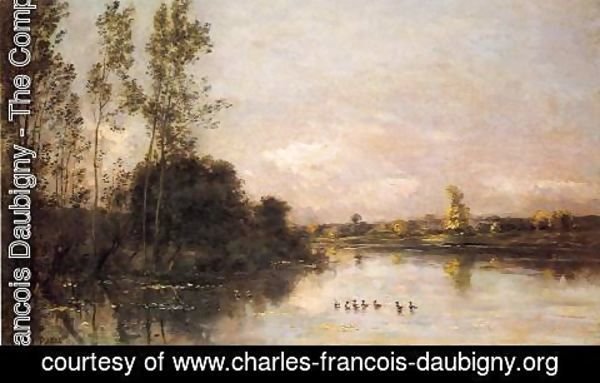Charles-Francois Daubigny - Ducklings in a River Landscape