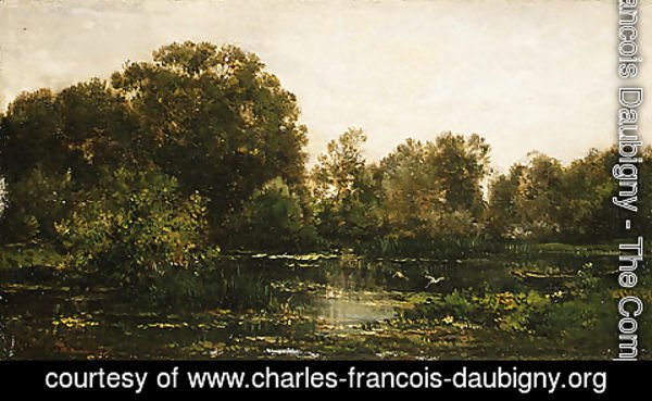 Charles-Francois Daubigny - A River Landscape with Storks 1864