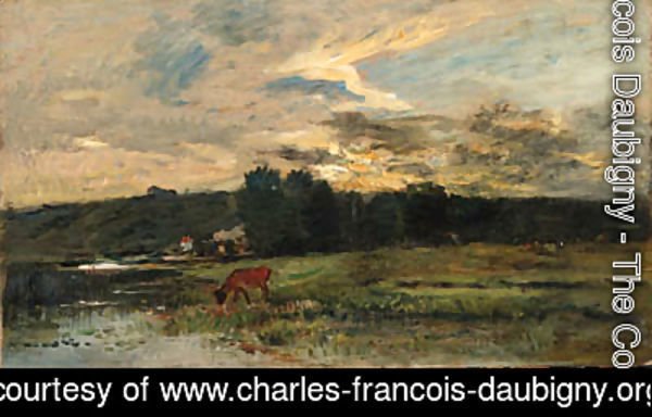 Charles-Francois Daubigny - Landscape with Cow watering at a quiet Pool