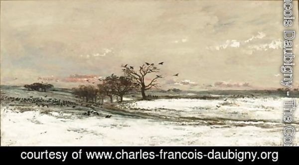 Charles-Francois Daubigny - Snowy Landscape at Sunset