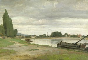 Charles-Francois Daubigny - River landscape with barge moored