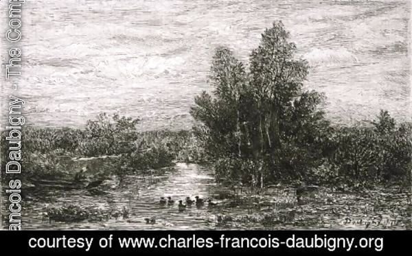 Charles-Francois Daubigny - Fisherman on River with Ducks